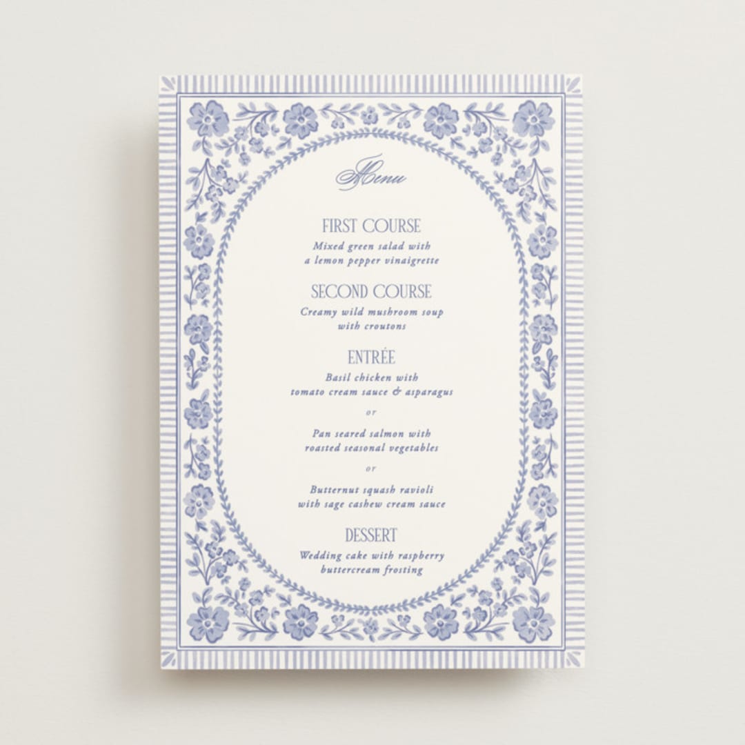 "Embroidered" - Menus in Cerulean by Jenna Holcomb - Front
