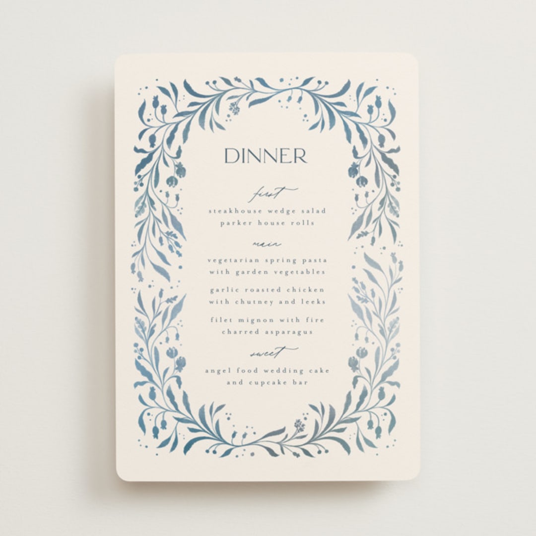 "Porcelain" - Menus in Delft Blue by Ashley DeMeyere - Front