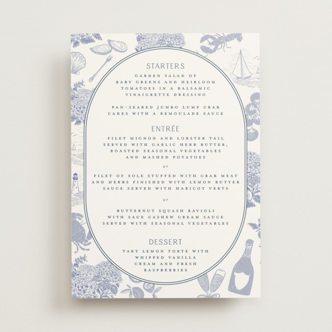 "Coastal Toile" - Menus in Periwinkle by Jenna Holcomb - Front