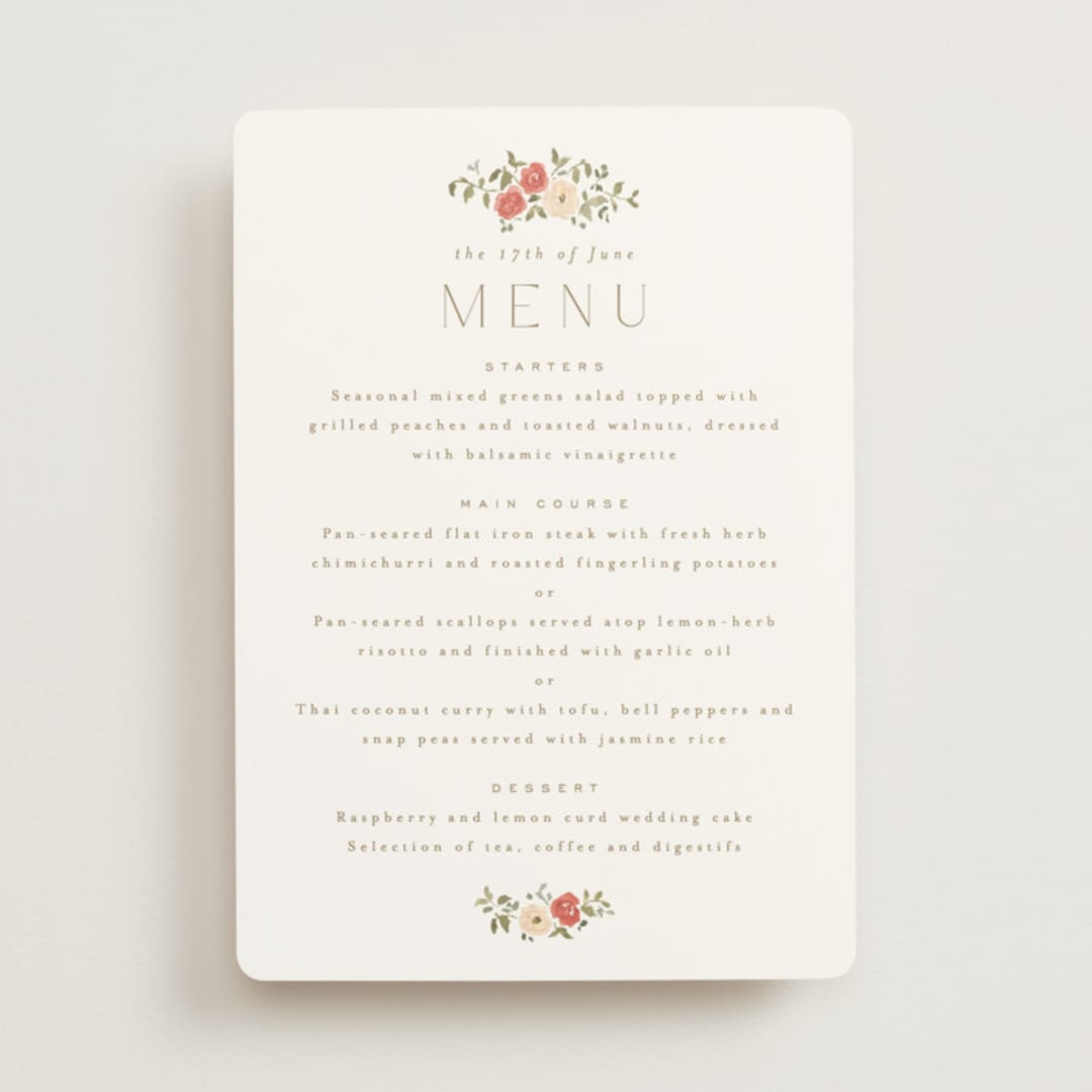 "Roses Crest" - Menus in Pomegranate by Everett Paper Goods - Front