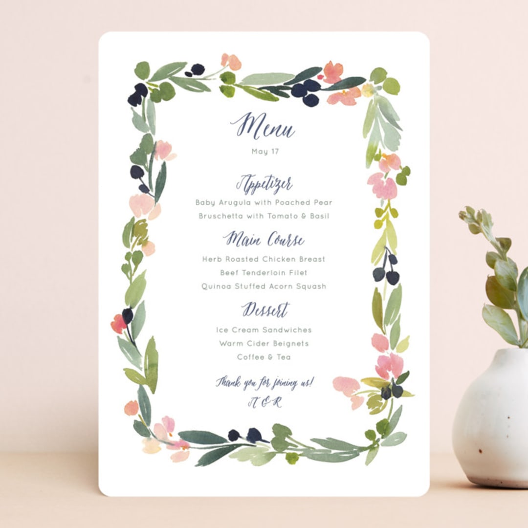 "Watercolor Wreath" - Menus in Grapefruit by Yao Cheng Design - Front