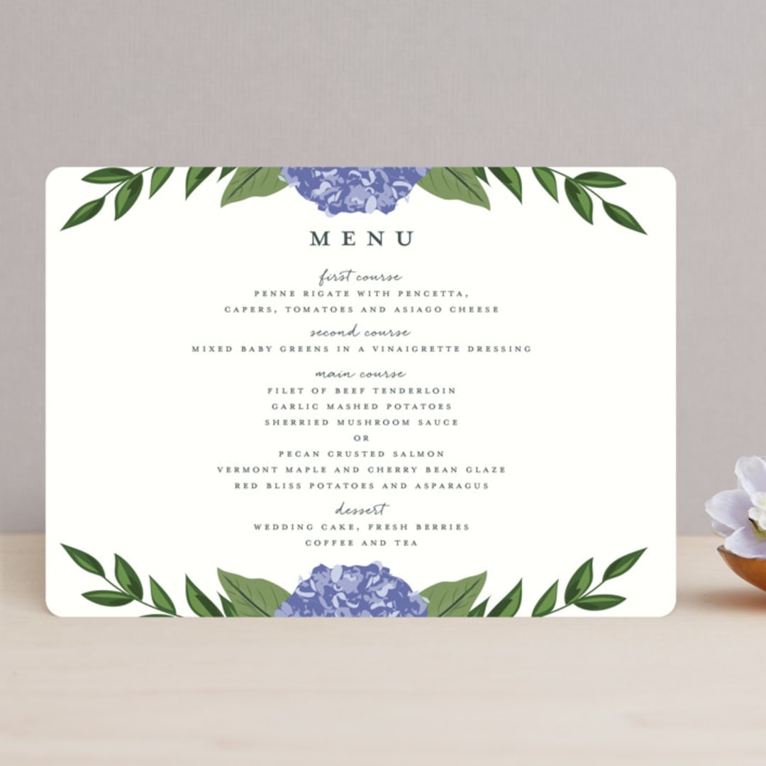 "Hydrangea Frame" - Menus in Periwinkle by Susan Moyal - Front