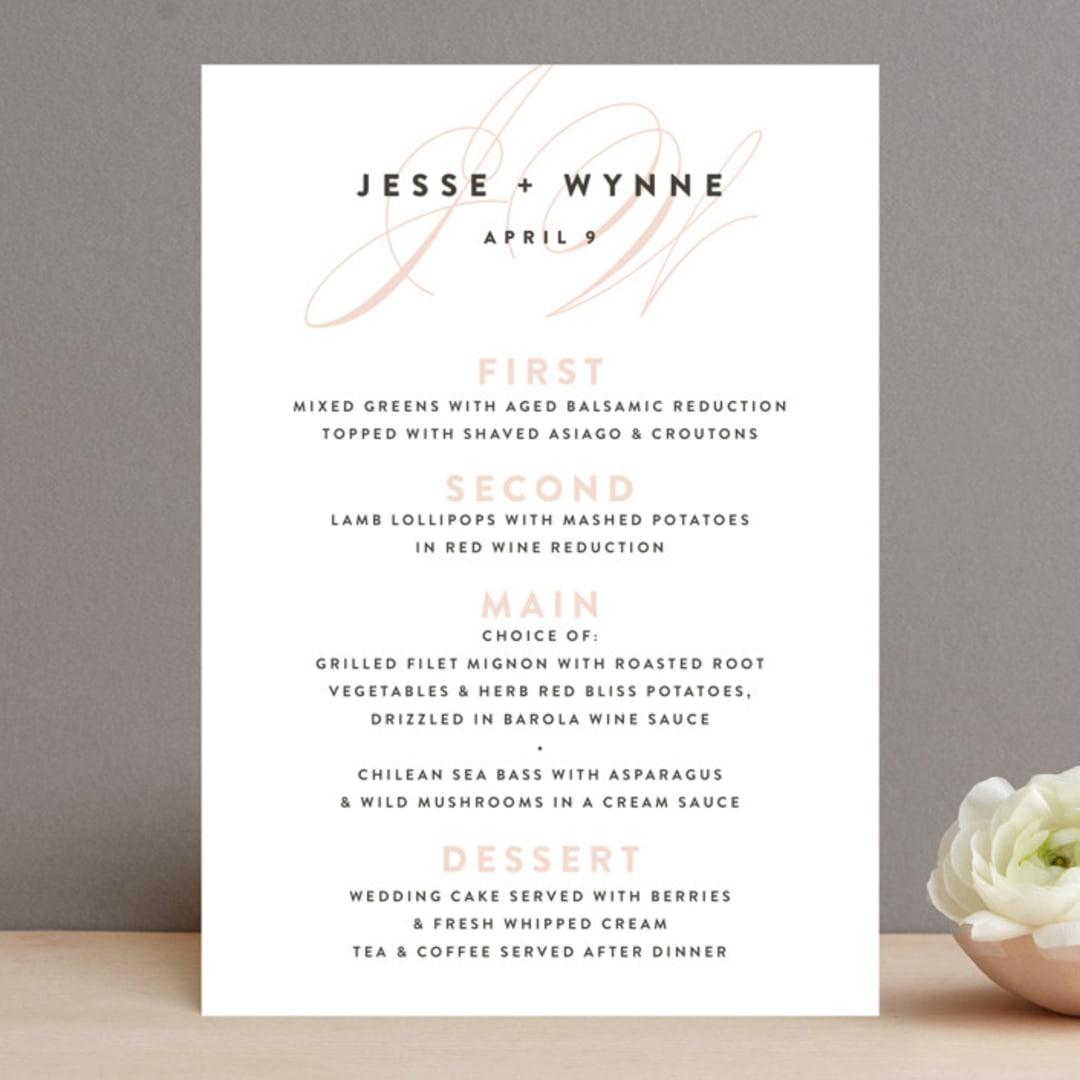 "Twirl Monogram A" - Menus in Blush by Ariel Rutland - Front