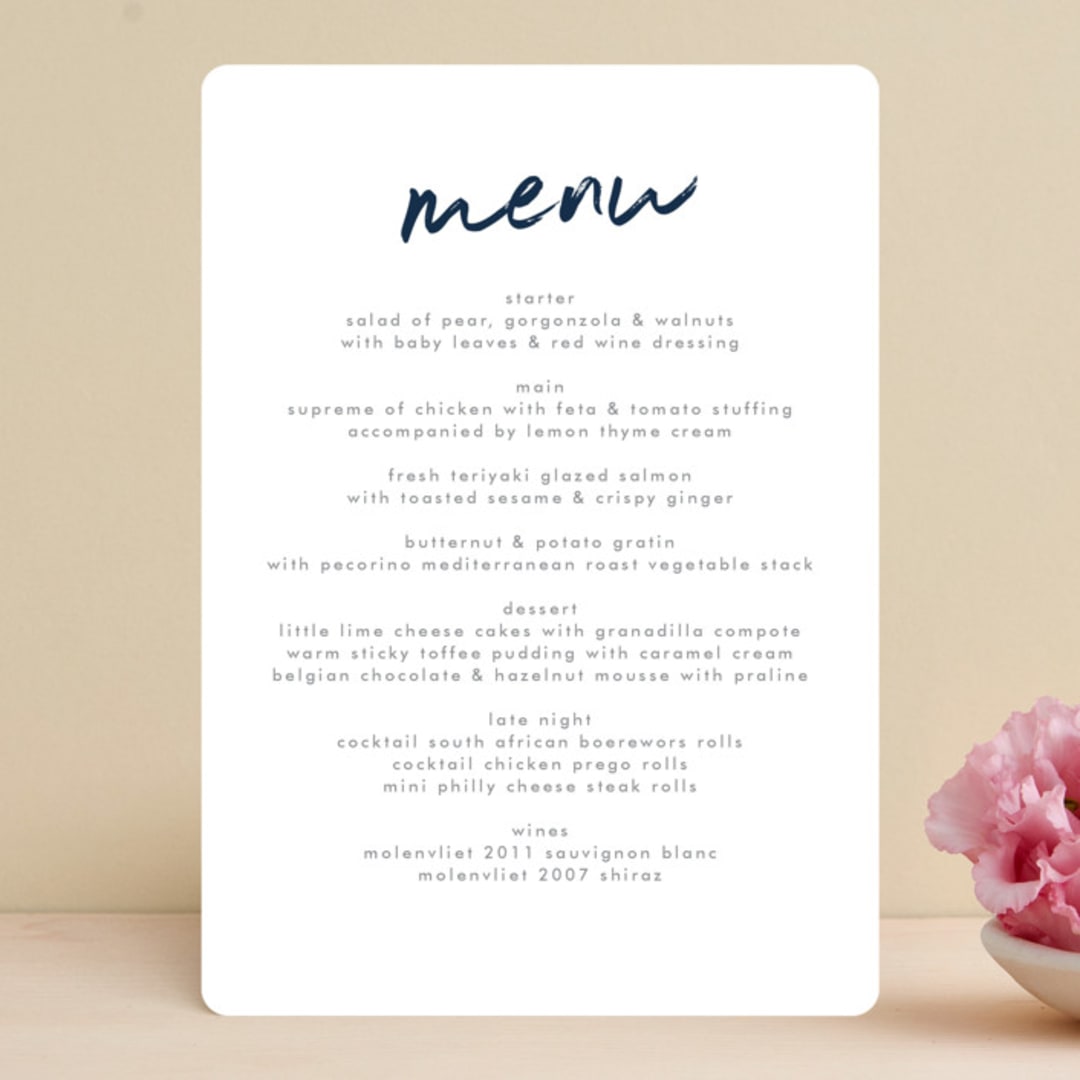 "Funky Names" - Menus in Navy by Phrosné Barwood - Front