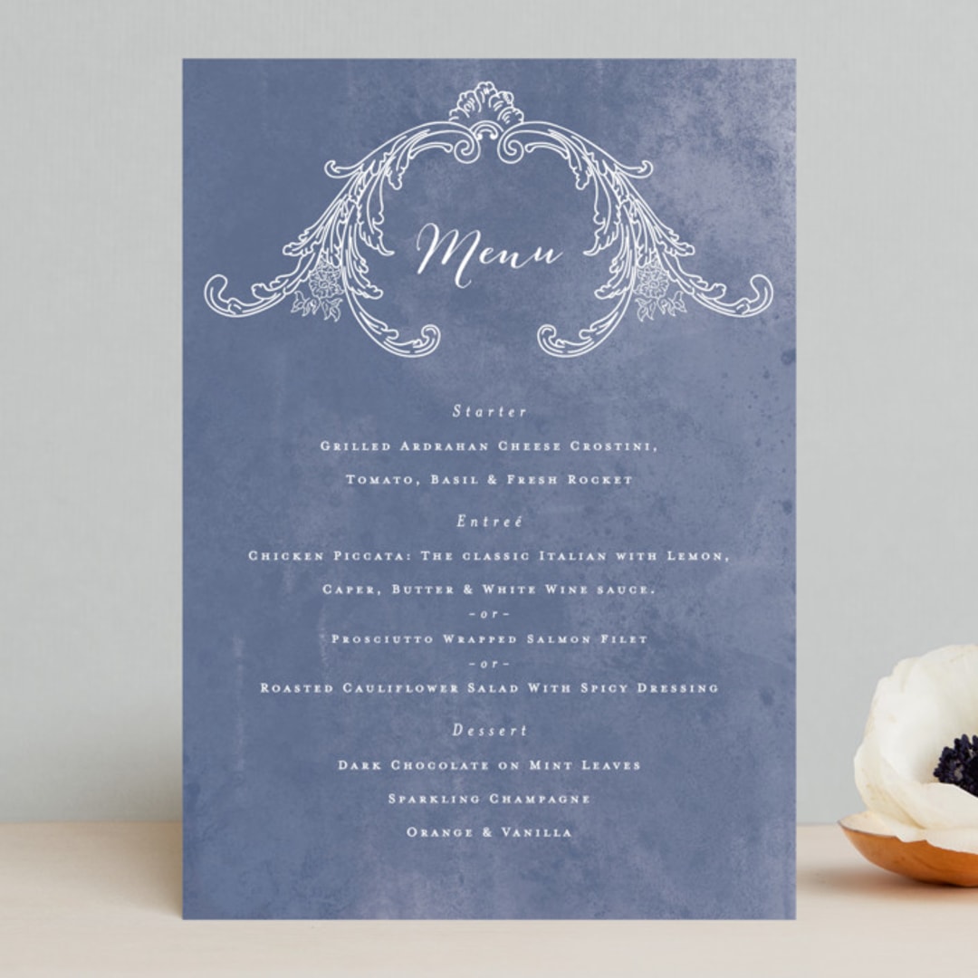 "Ornate" - Menus in Indigo by Nazia Hyder - Front