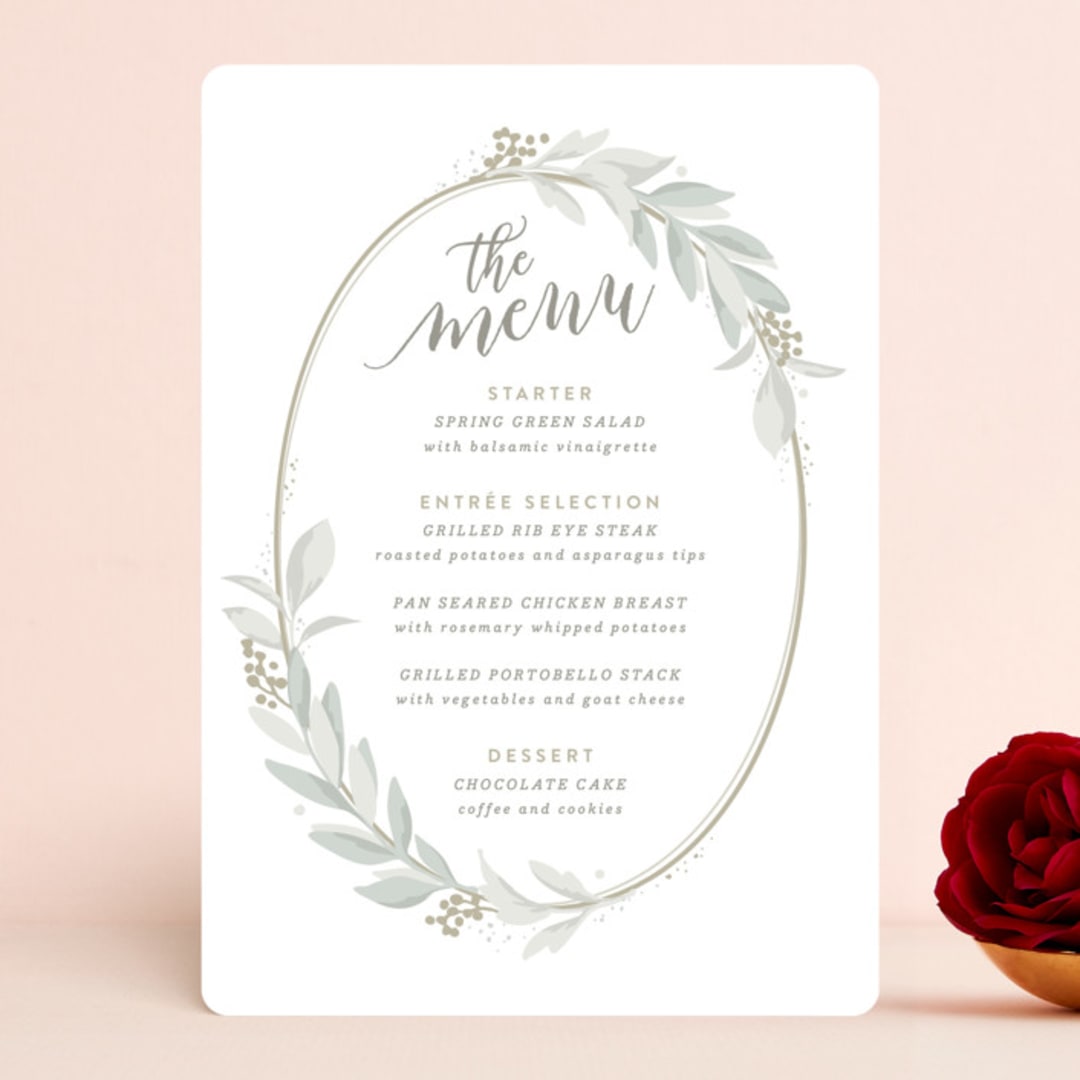 "Modern Wreath" - Menus in Sage by Hooray Creative - Front
