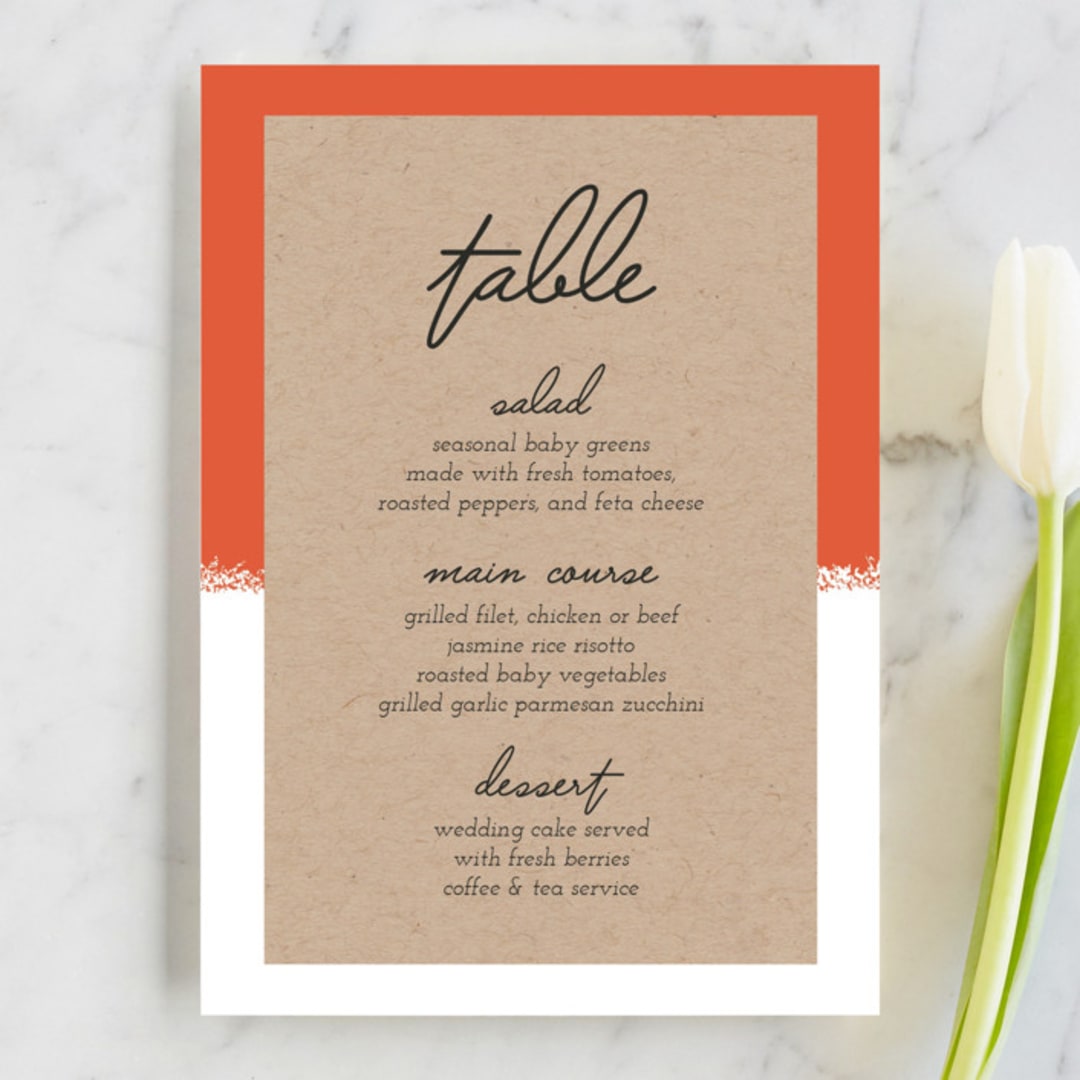 "Joyfully Ever After" - Menus in Tangerine by Faith Harlow - Front