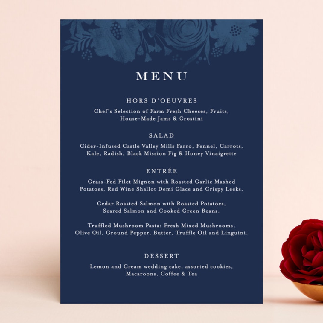 "Floral screenprint" - Menus in Navy by Jennifer Wick - Front