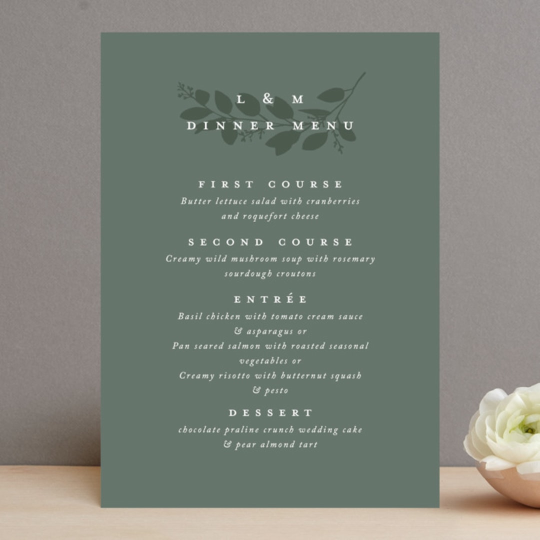 "Falling Branch" - Menus in Eucalyptus by Amy Kross - Front