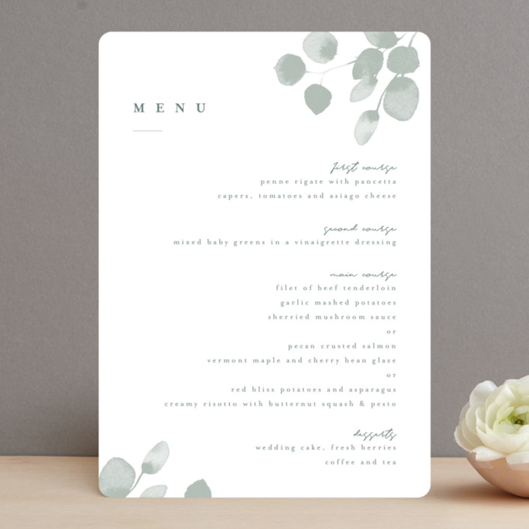 "Silver Dollar Eucalyptus" - Menus in Silver Dollar by Shannon Chen of Four Wet Feet Studio - Front