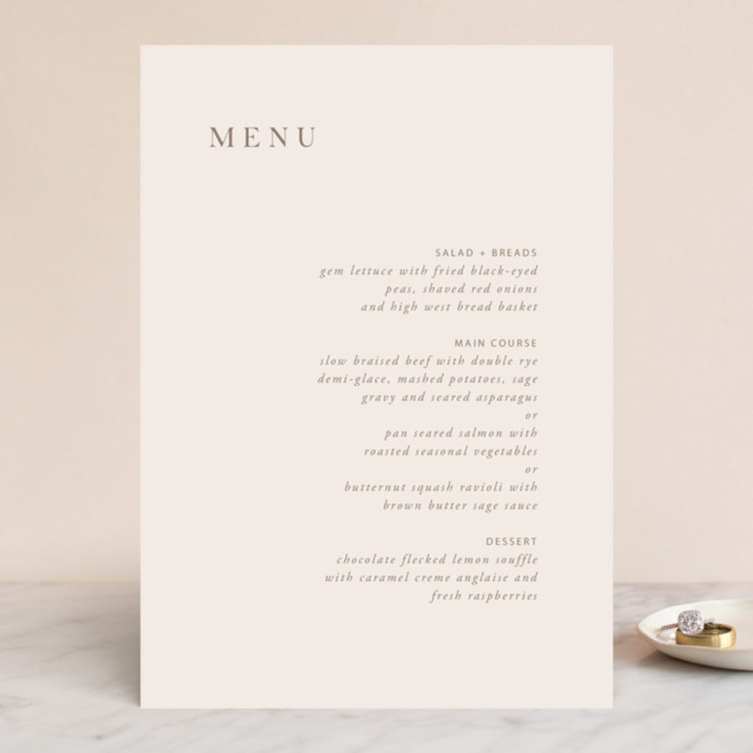 "Juniper" - Menus in Blush by Mere Paper - Front