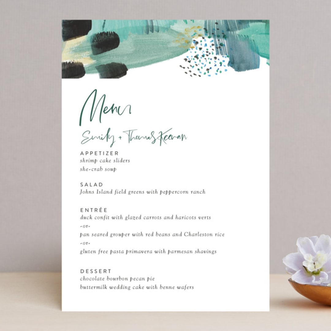 "Feathery Painted" - Menus in Teal by Erika Firm - Front