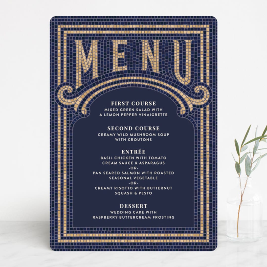 "Mosaic" - Menus in Navy by GeekInk Design - Front