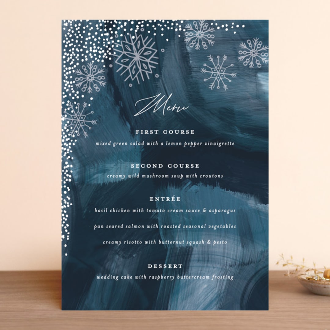 "Midnight Snowfall" - Menus in Navy by Alethea and Ruth - Front