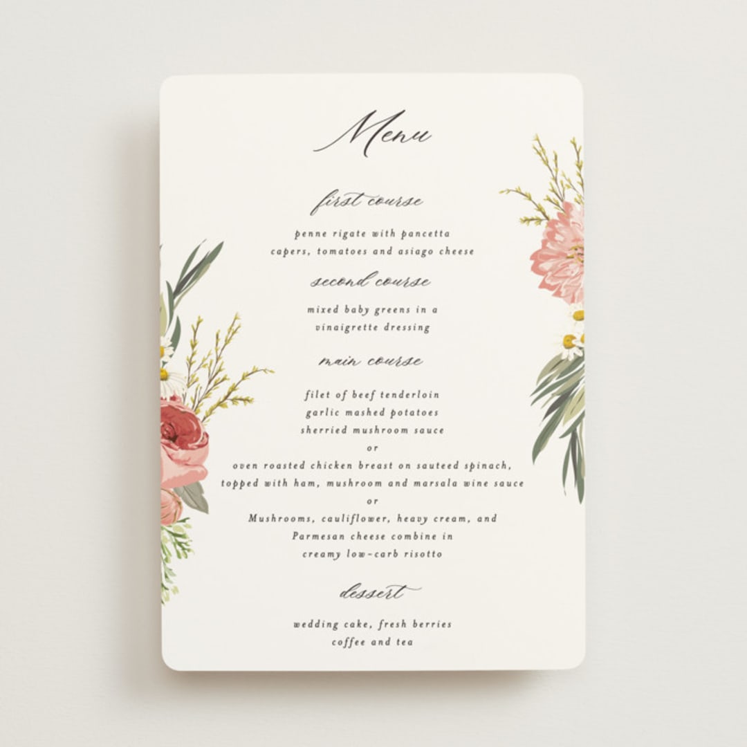 "Organic Florals" - Menus in Blush by Susan Moyal - Front