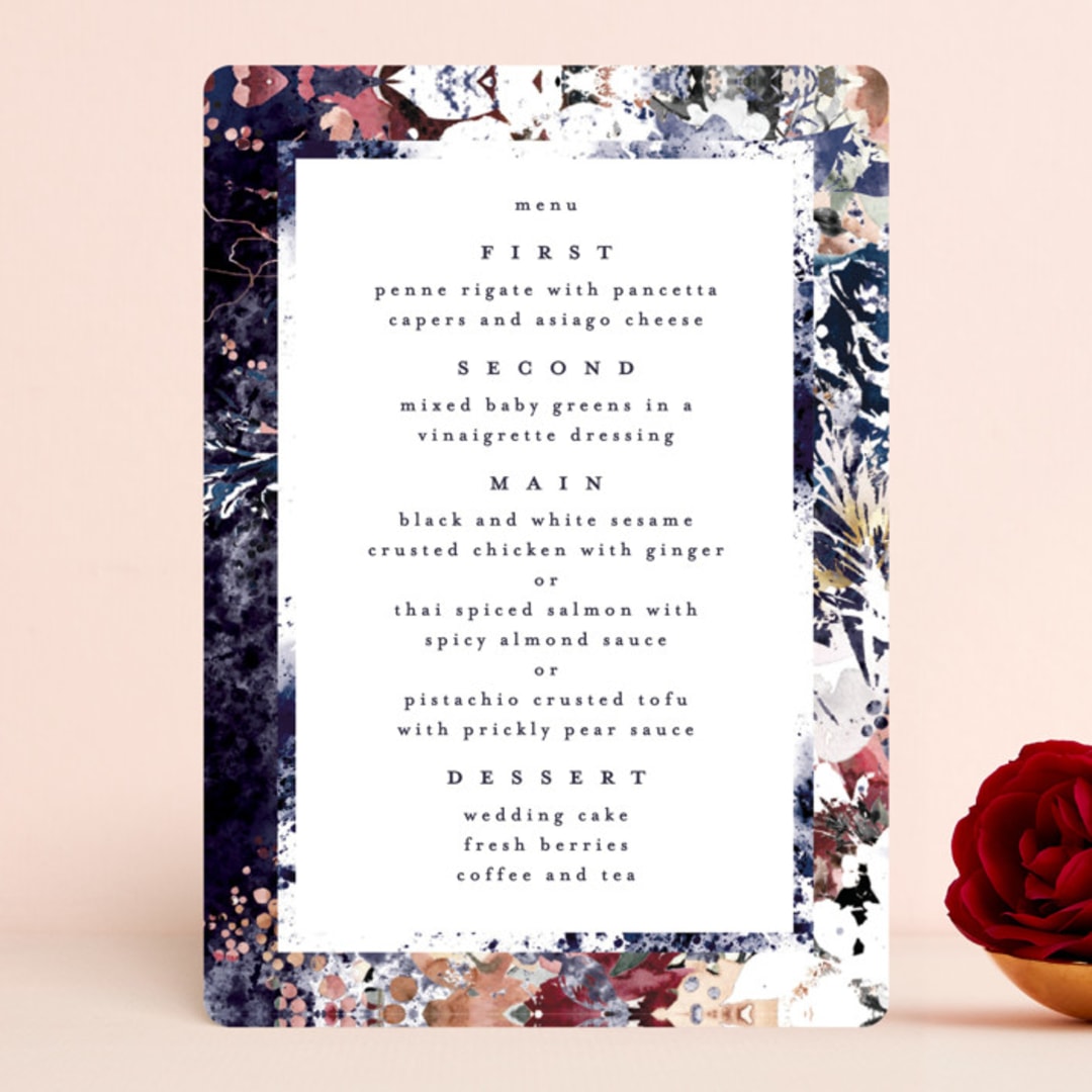 "Floral Cascade" - Menus in Navy by Phrosné Barwood - Front