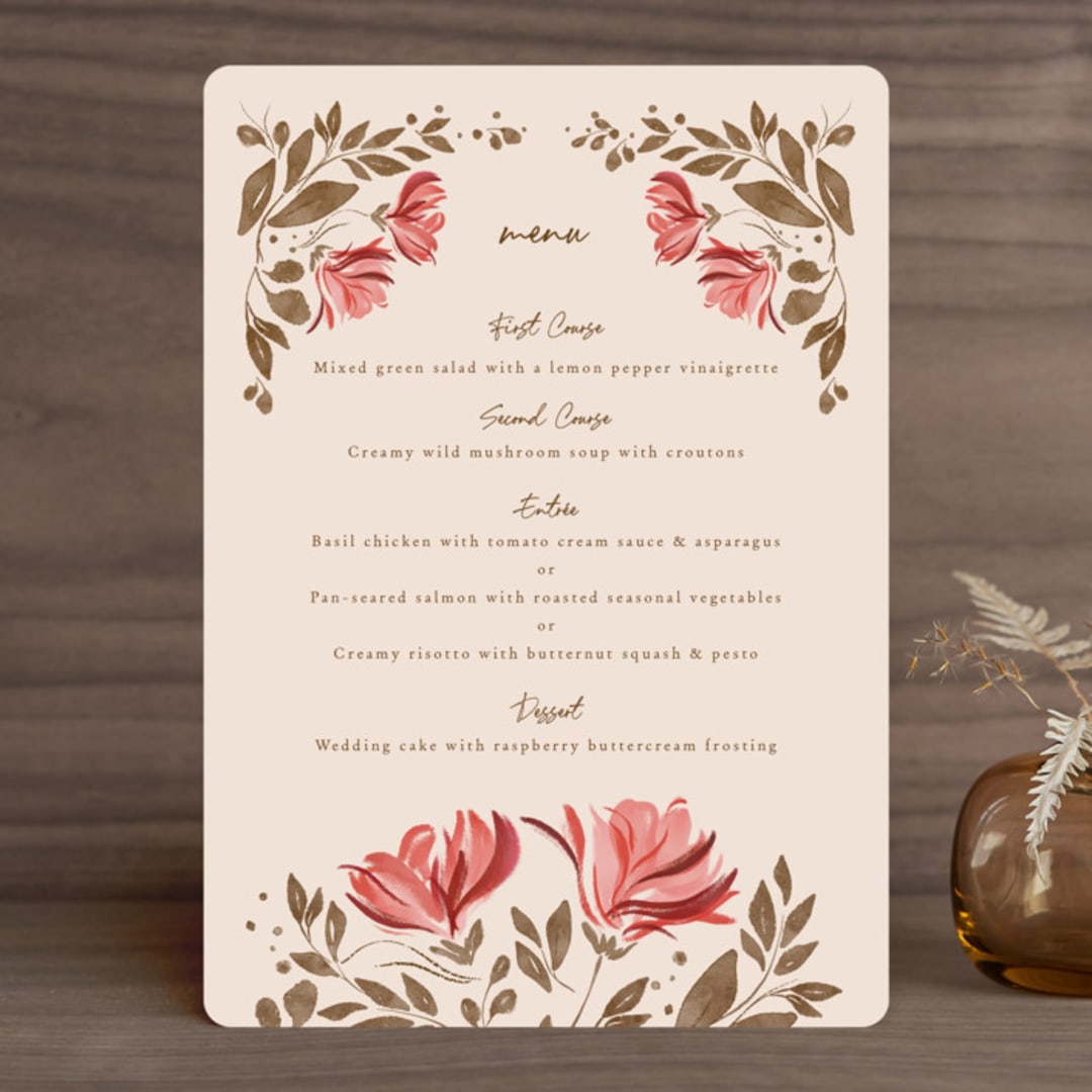 "Painterly Florals" - Menus in Scarlet by Vivian Yiwing - Front