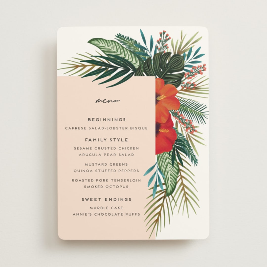"Tropical Oasis" - Menus in Coral by Joanna Griffin - Front