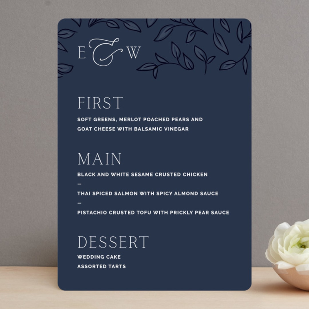 "Forever Intertwined" - Menus in Navy by Lindsay Stetson Thompson - Front