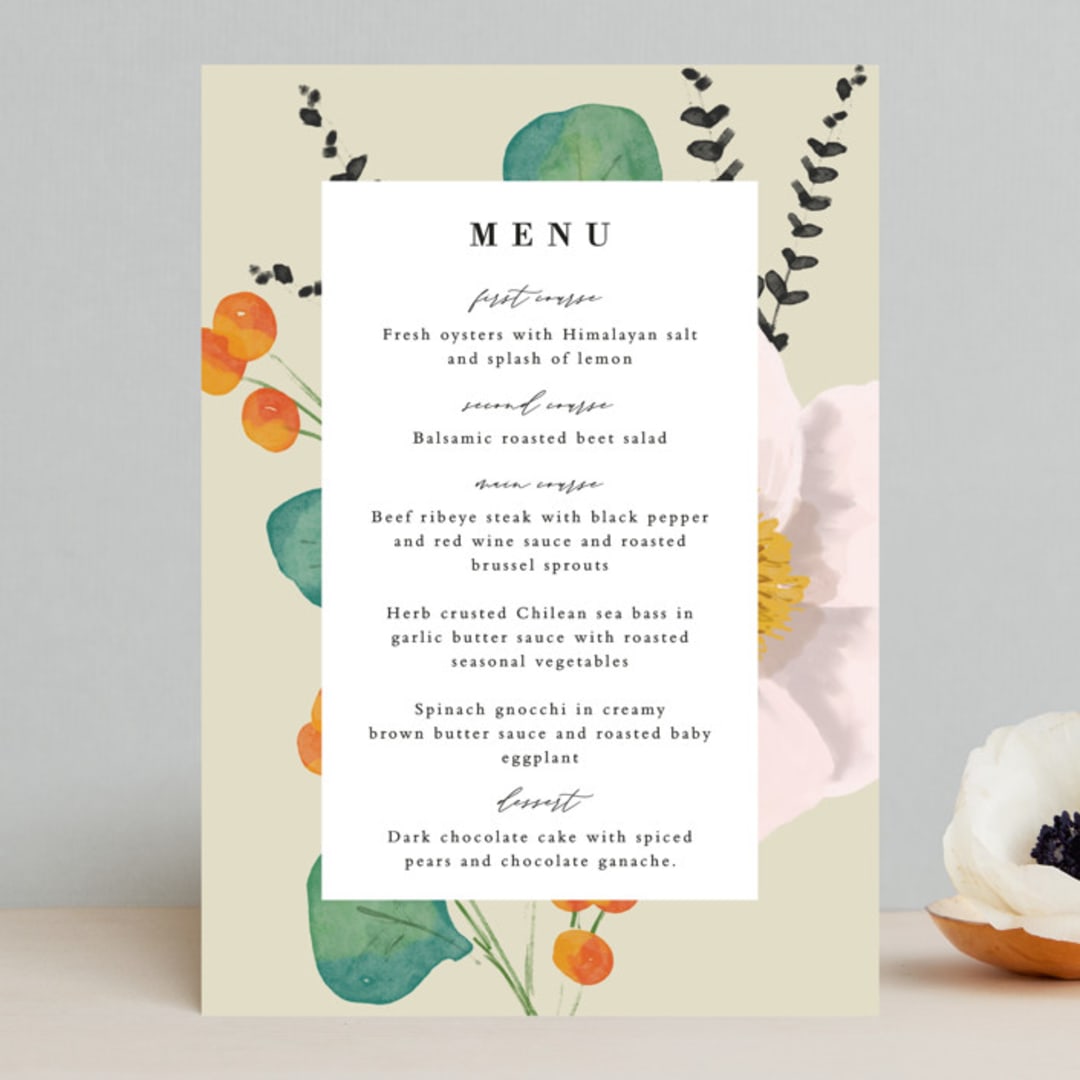 "Floral Splash" - Menus in Wheat by Keen Peachy - Front