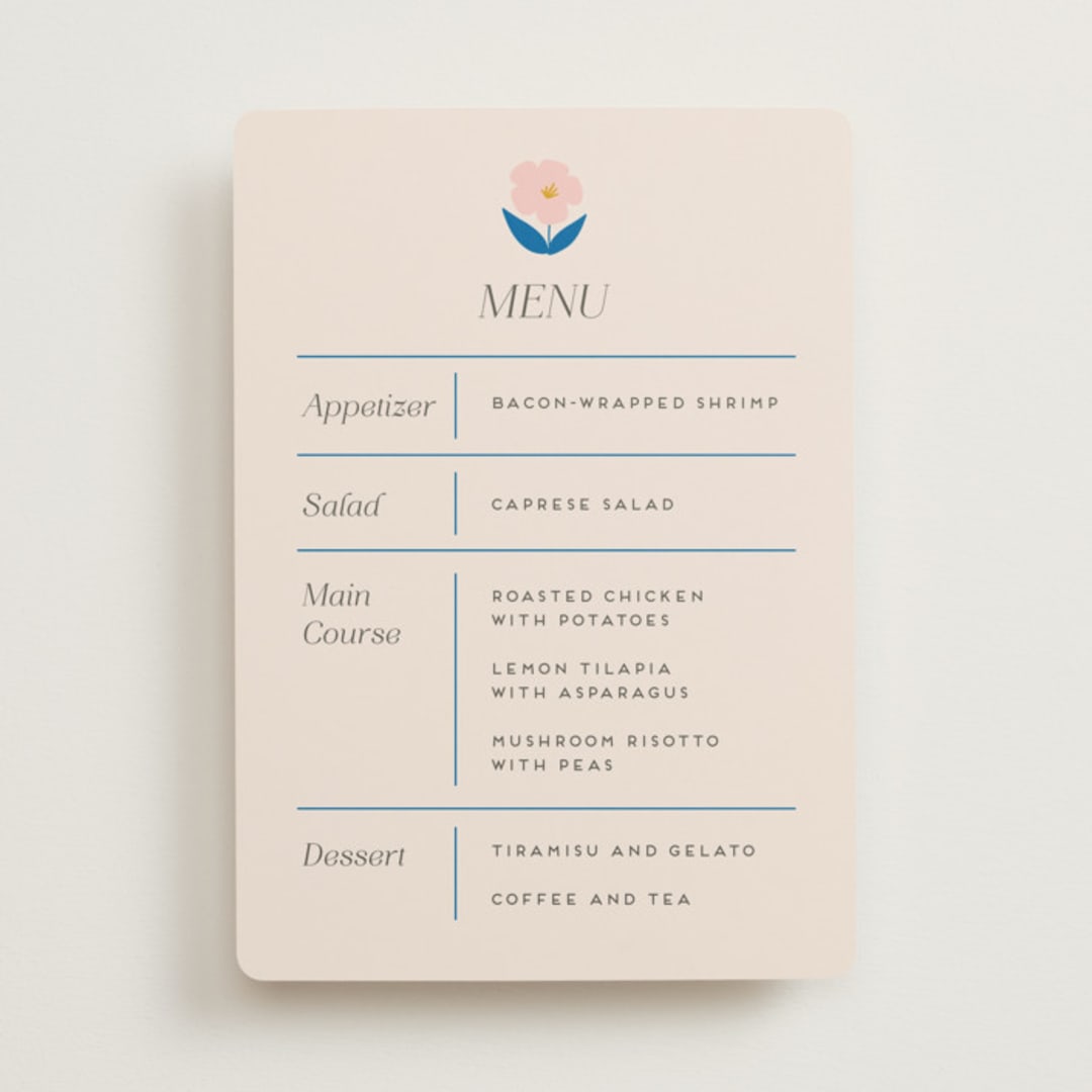 "Blossoms Abound" - Menus in Cobalt by Genna Blackburn - Front