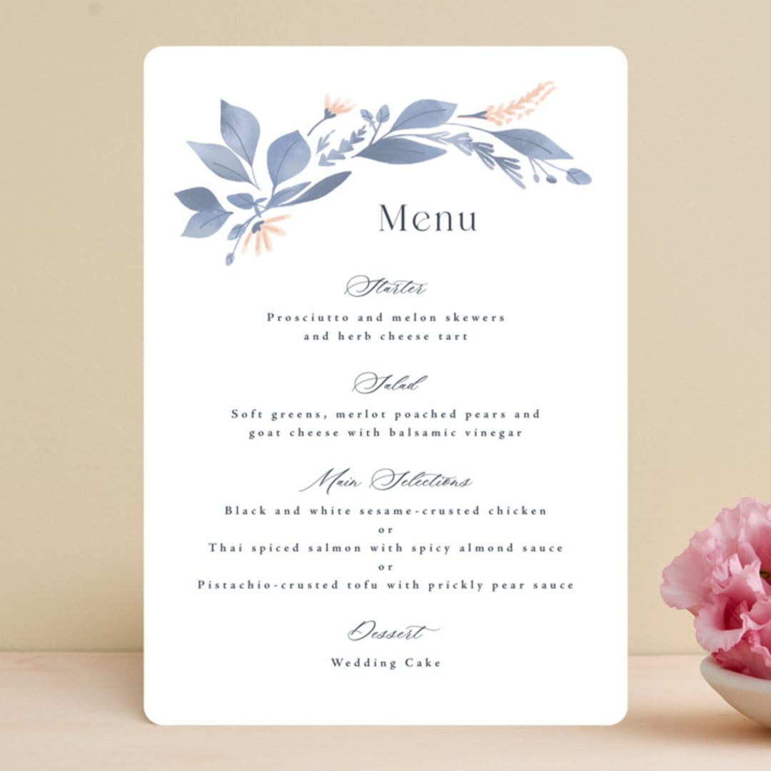 "Cascading Floral" - Menus in Lagoon by Corinne Malesic - Front