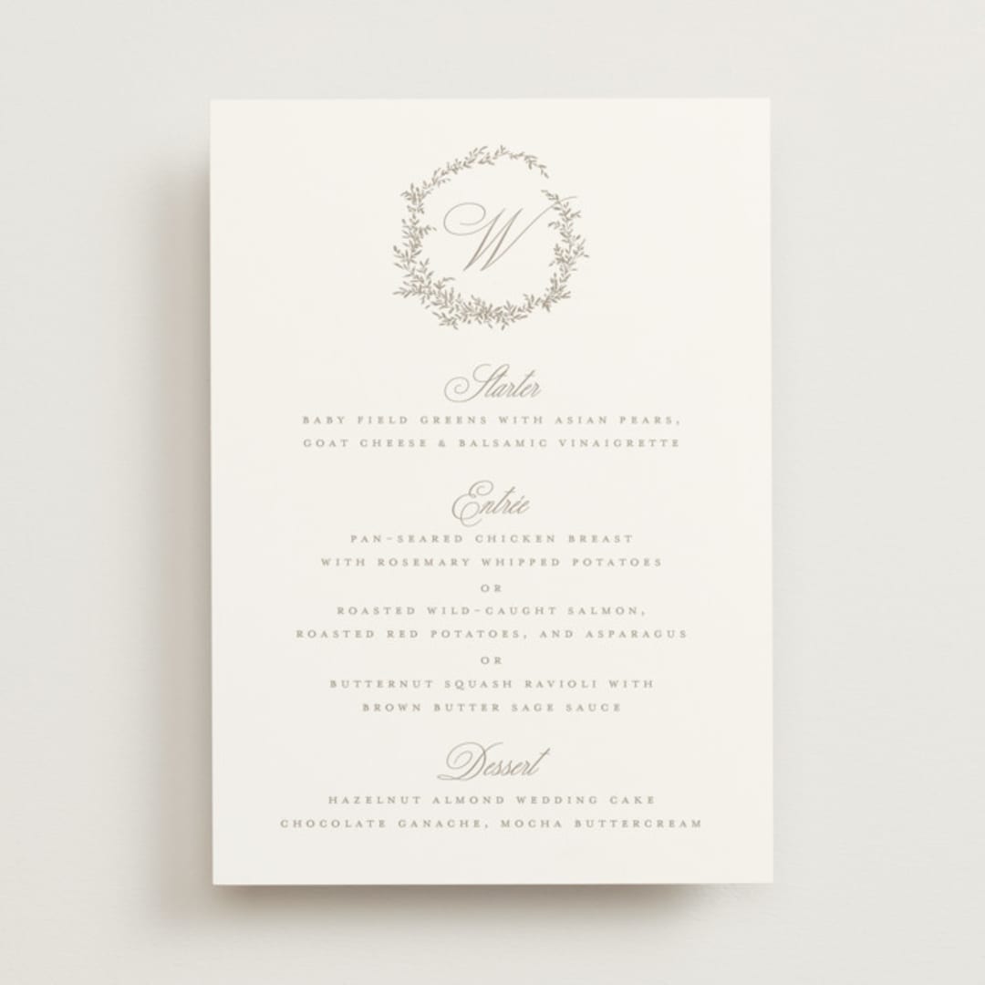 "Romantic Wreath" - Menus in Chantilly by Wildfield Paper Co - Front