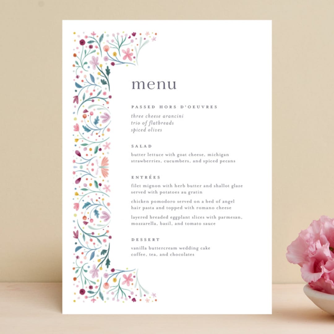 "Delicate Garden" - Menus in Wildflower by Ashley DeMeyere - Front