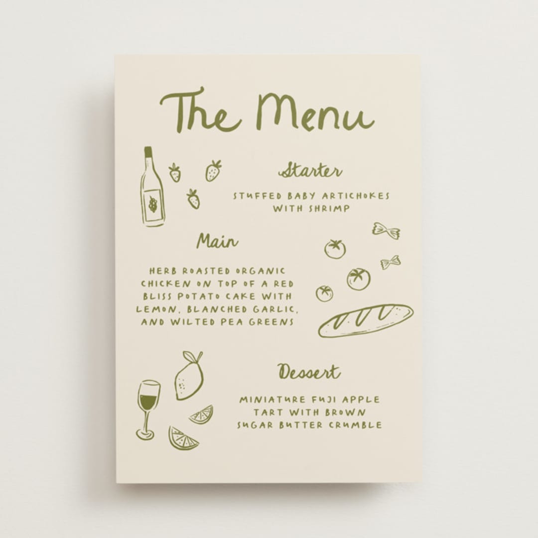 "Playful Doodles" - Menu Signs in Olive by Carmia Jordaan - Front