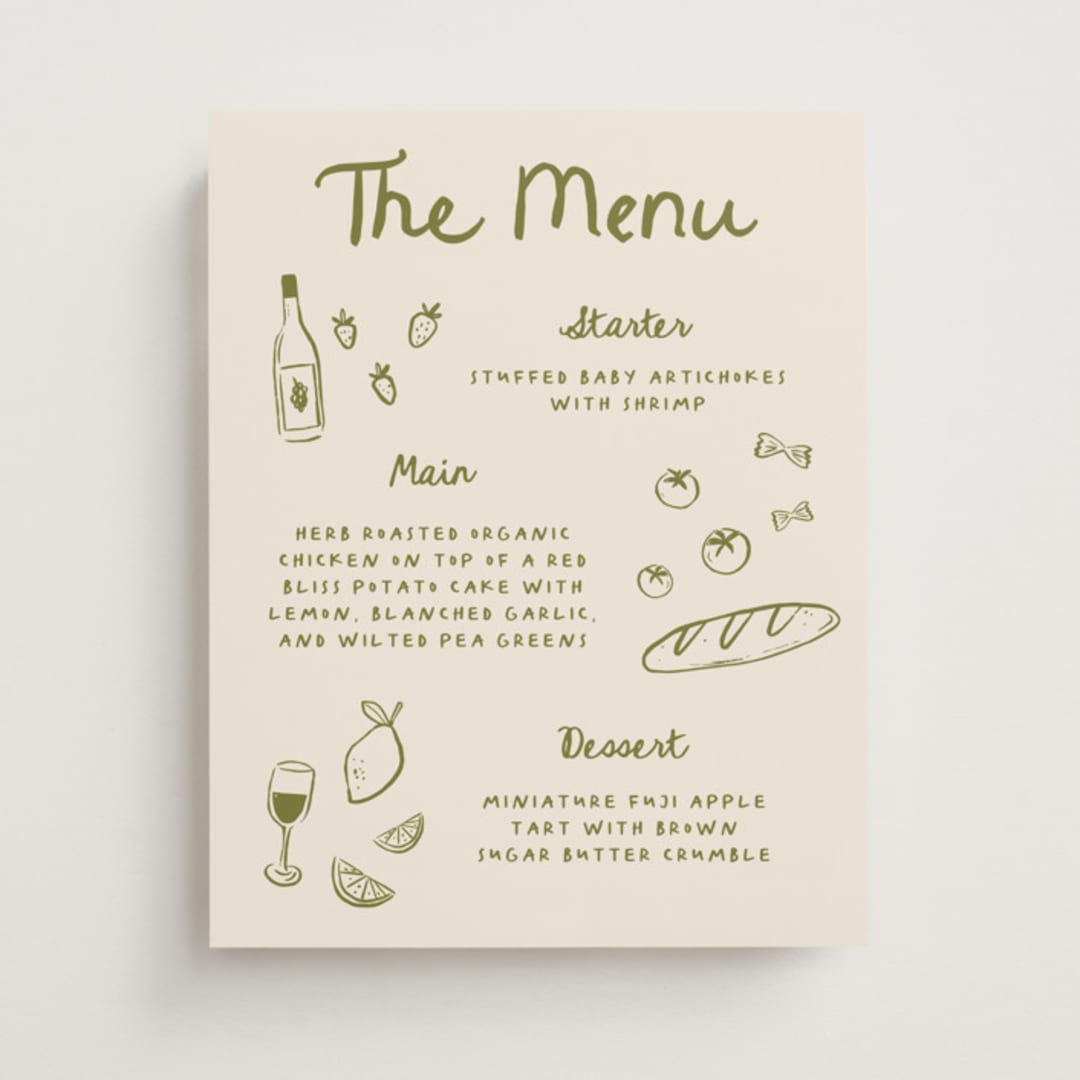 "Playful Doodles" - Menu Signs in Olive by Carmia Jordaan - Front
