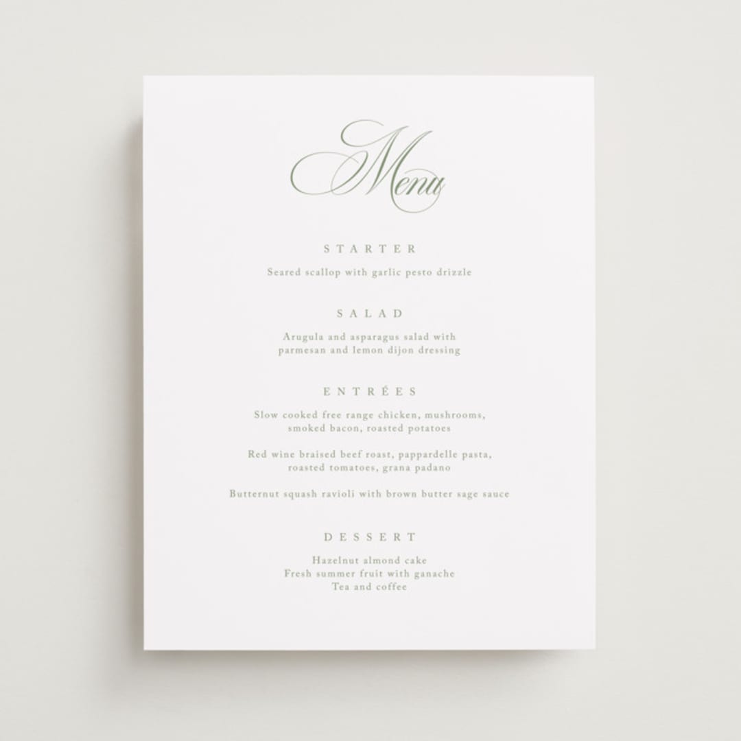 "Chic Script" - Menu Signs in Garden by Kelly Schmidt - Front