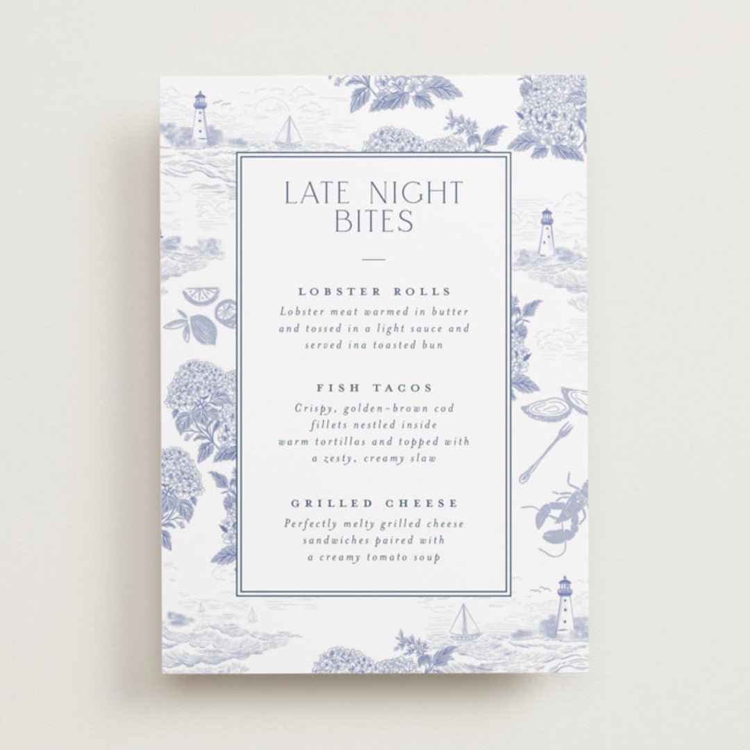 "Coastal Toile" - Menu Signs in Periwinkle by Jenna Holcomb - Front