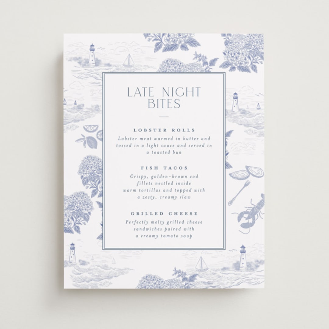 "Coastal Toile" - Menu Signs in Periwinkle by Jenna Holcomb - Front