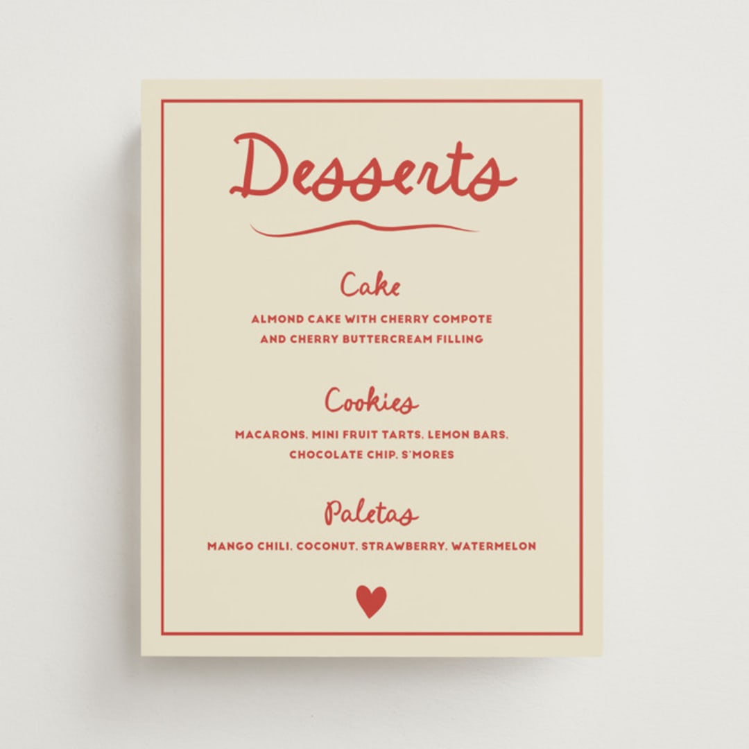 "Big Heart Wedding" - Menu Signs in Cherry by Ani Somi - Front