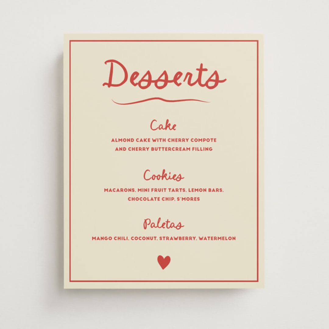 "Big Heart Wedding" - Menu Signs in Cherry by Ani Somi - Front