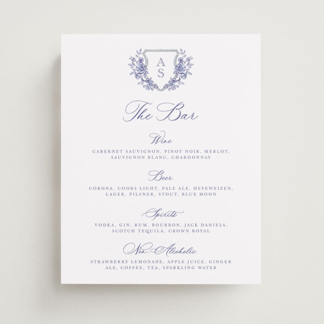 "watercolor flowers crest" - Menu Signs in Dusty Blue by Cass Loh - Front