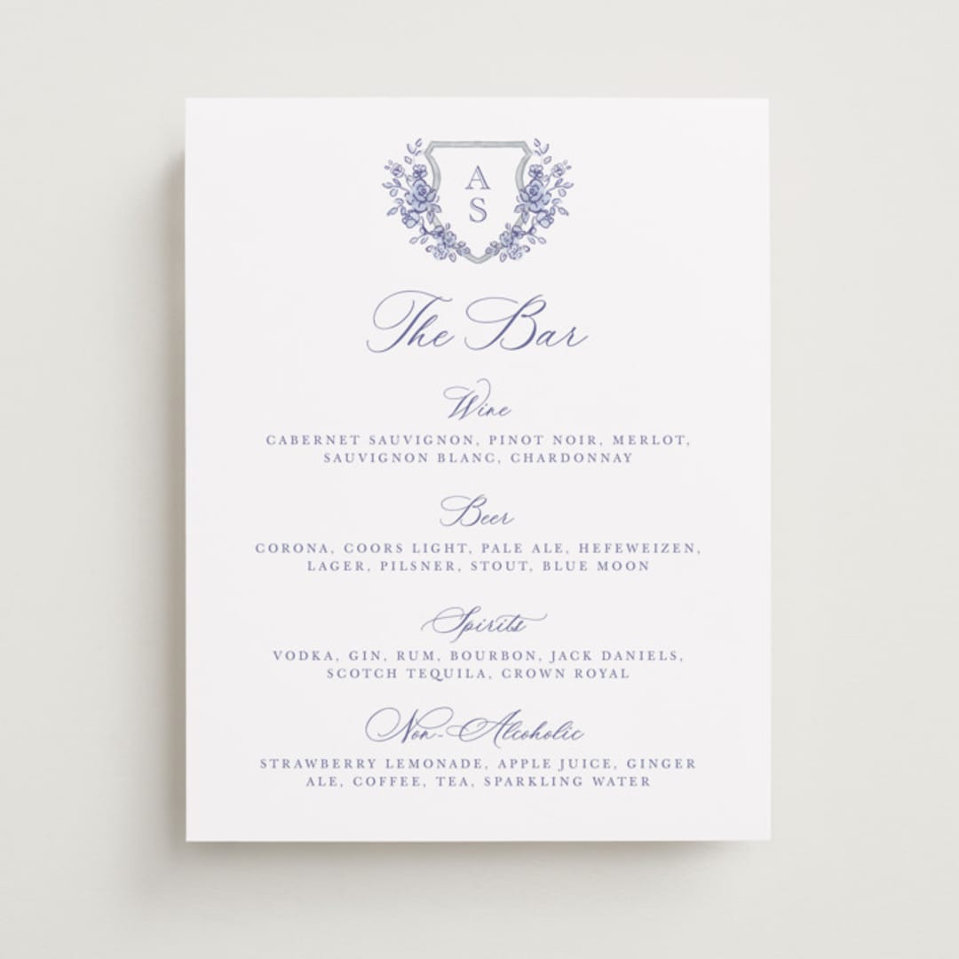"watercolor flowers crest" - Menu Signs in Dusty Blue by Cass Loh - Front