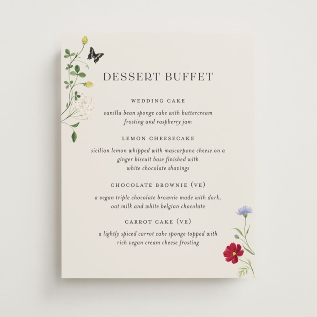 "Wild meadow" - Menu Signs in Elder Flower by Sarah Knight - Front