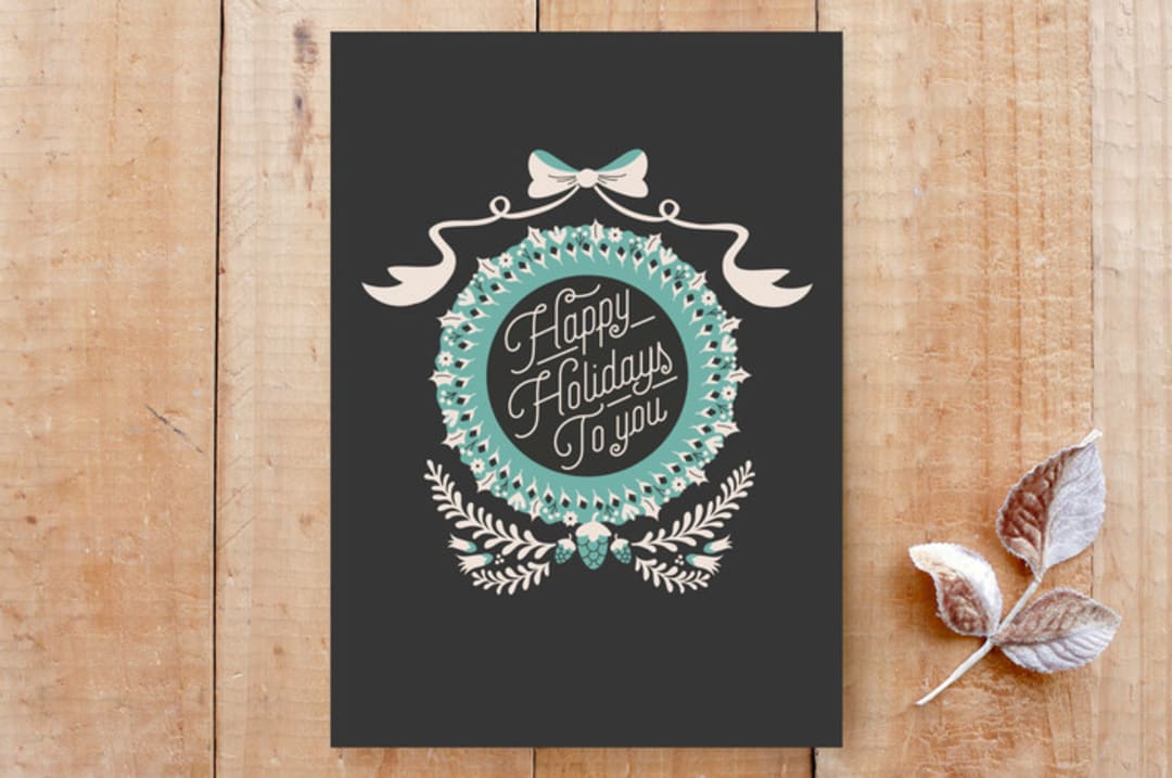 "Round Wreath Holiday" - Cards in Teal by Surface Love - Front
