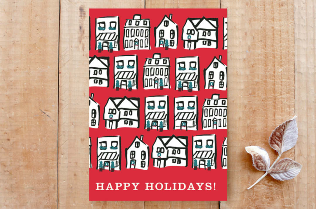 "merry houses" - Cards in ruby red by Emily Bremner Forbes - Front