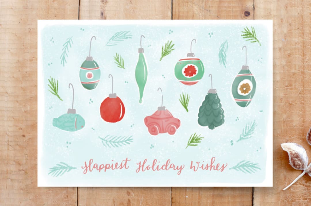 "Vintage Glass Ornaments" - Cards in Light Blue by Megan Kelso - Front