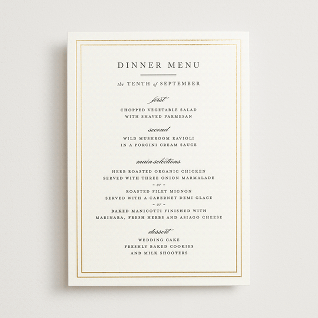 "Eloquence" - Foil-Pressed Menus in Snow by Kimberly FitzSimons - Front