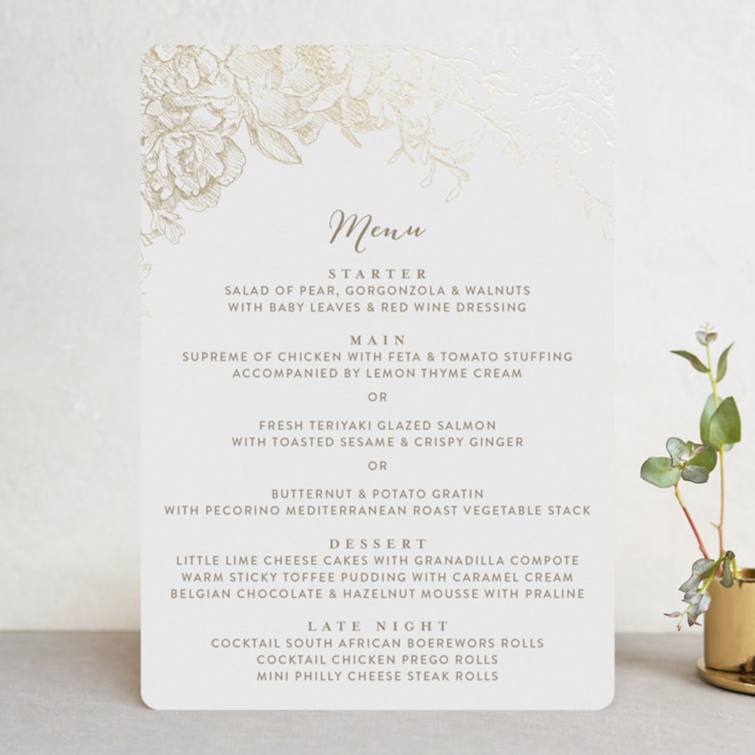 "Engraved Flowers" - Foil-Pressed Menus in Gold by Phrosné Barwood - Front