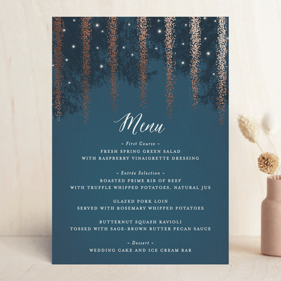 "Strands Of Lights" - Foil-Pressed Menus in Navy by Hooray Creative - Front