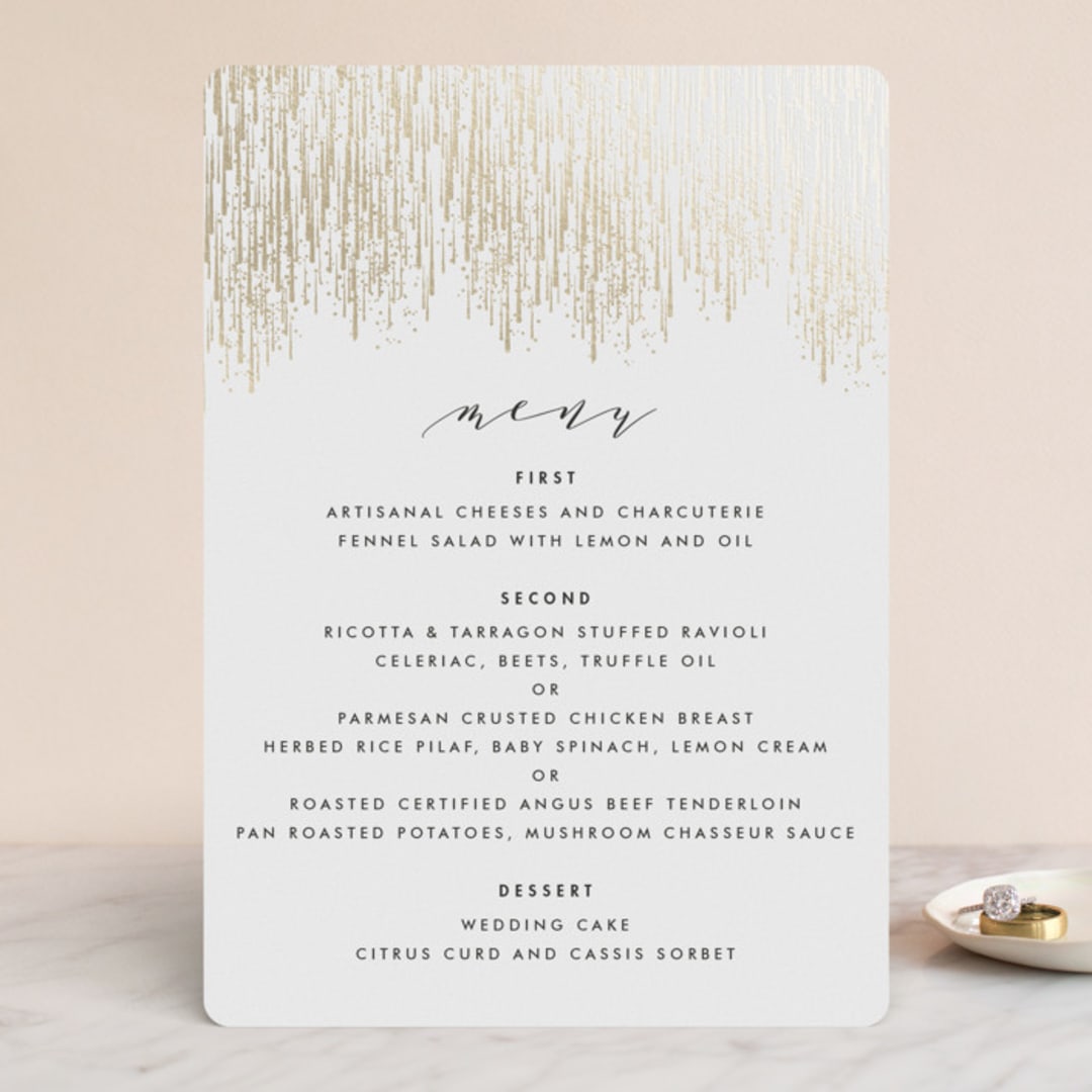 "Sparkle + Shine" - Foil-Pressed Menus in Snow by Kristie Kern - Front