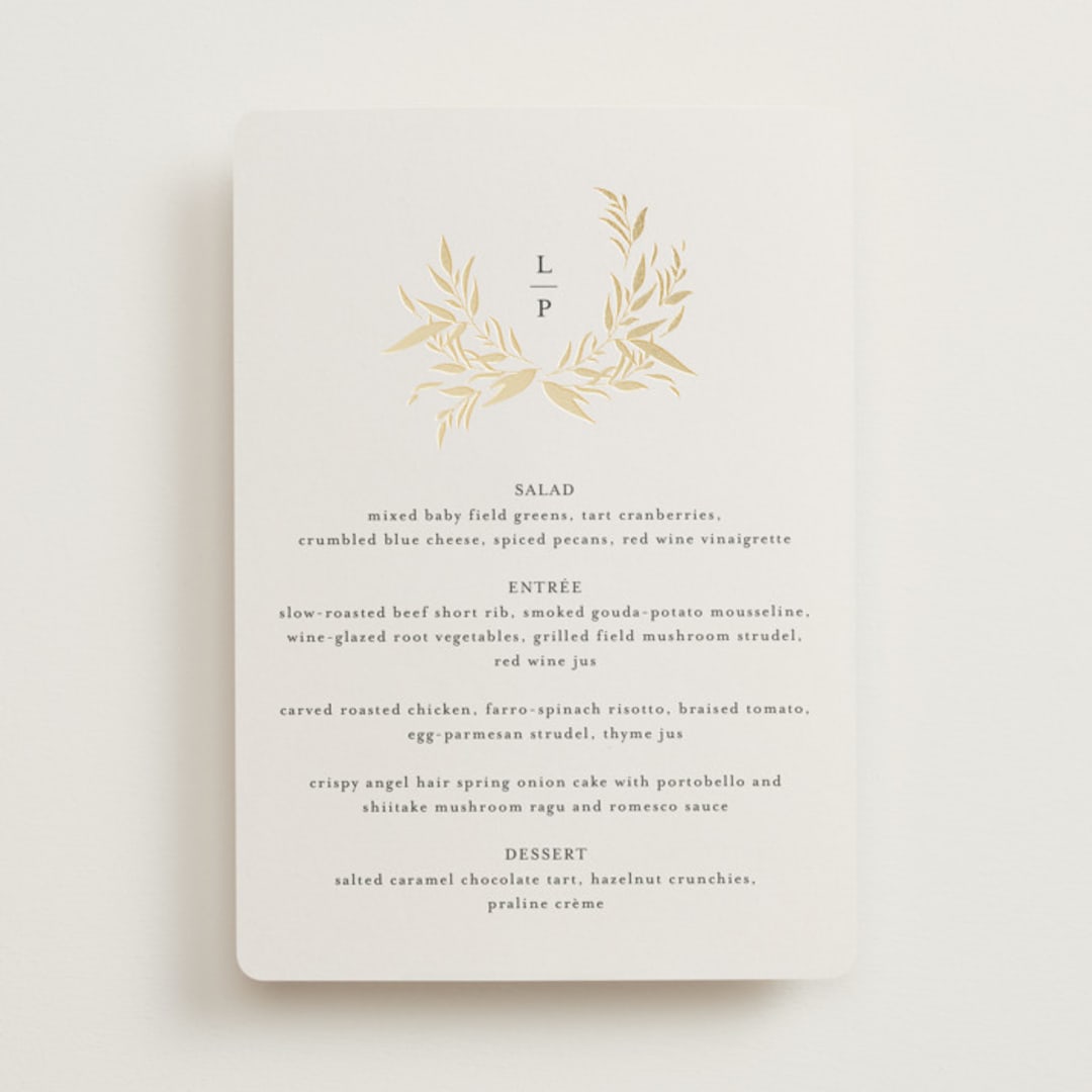 "Natural Monogram" - Foil-Pressed Menus in Porcelain by Jennifer Postorino - Front