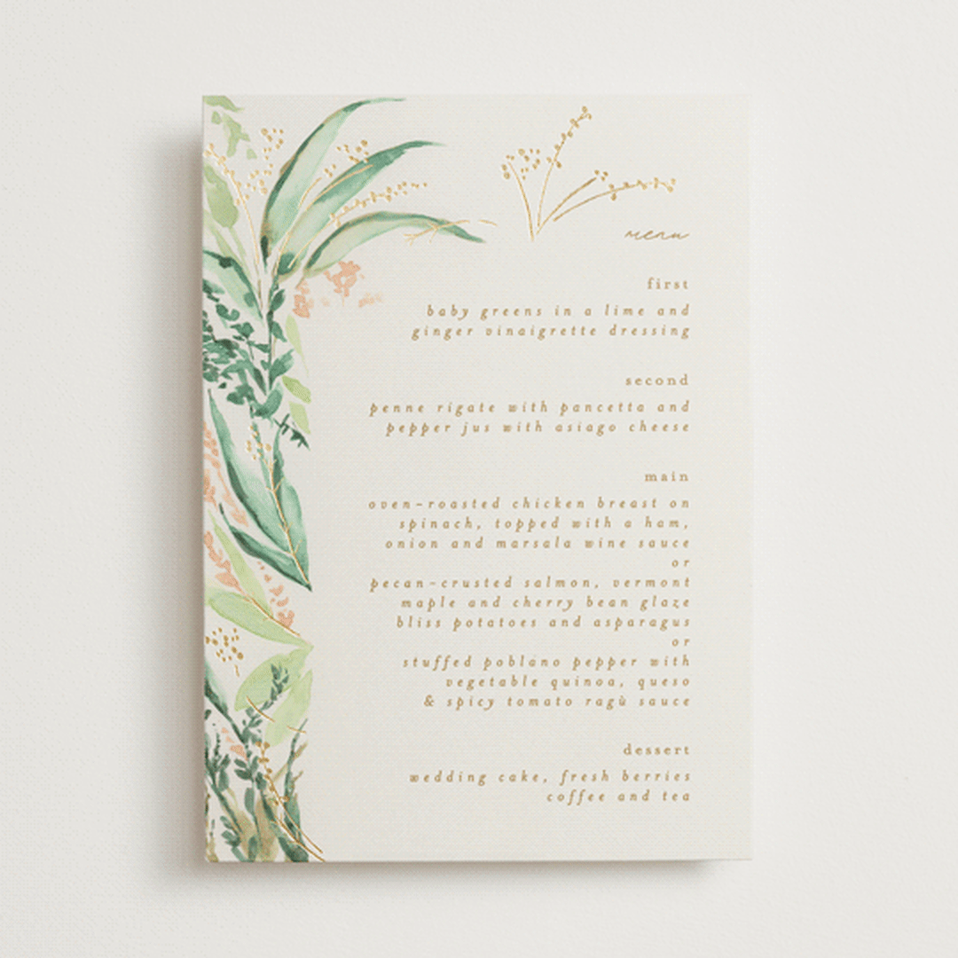 "fresh tropical" - Foil-Pressed Menus in Greenery by Phrosné Barwood - Front