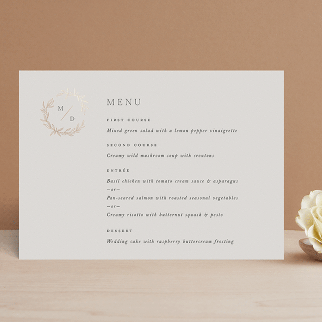 "Tradition" - Foil-Pressed Menus in Almond by Leah Bisch - Front