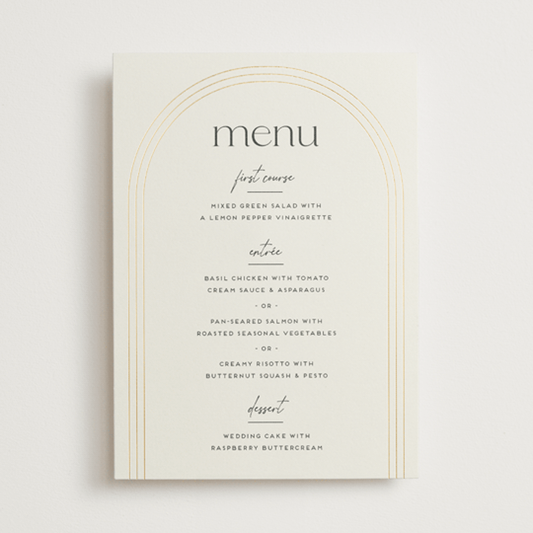 "Curves" - Foil-Pressed Menus in Chiffon by Amy Payne - Front