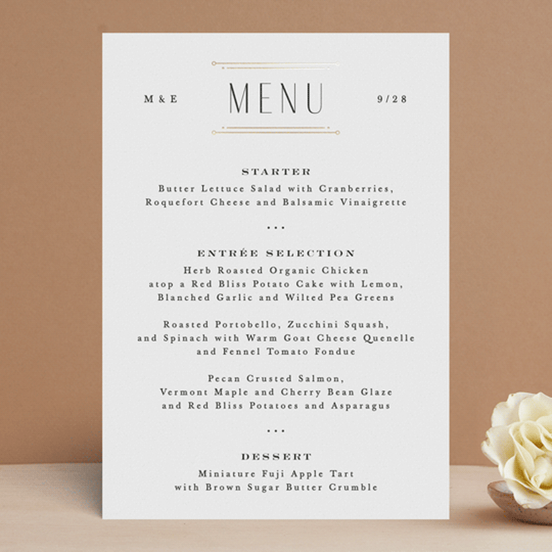 "Modern Deco" - Foil-Pressed Menus in Sugar by Hooray Creative - Front